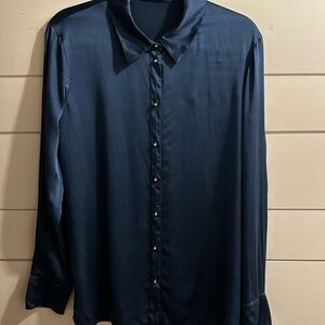 Ravella Luxury Silk Milano Button Up Blouse Sz Large Midnight Navy Minimalist